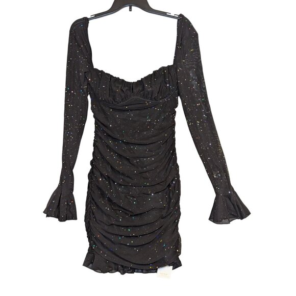 Black Glitter Mesh Long-Sleeve Underwire Ruched Mini Dress Size M NWT - Picture 3 of 9